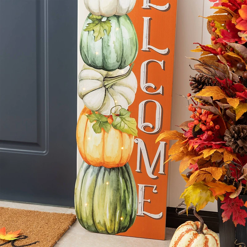 Glitzhome® 42" Lighted Fall Wood Stacked Pumpkins Welcome Porch Sign with Timer