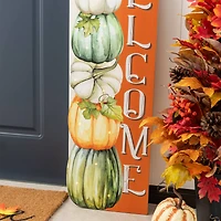 Glitzhome® 42" Lighted Fall Wood Stacked Pumpkins Welcome Porch Sign with Timer