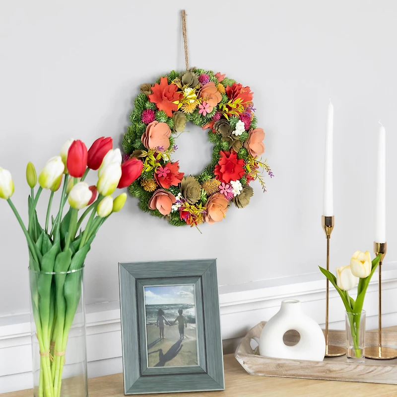 12.5" Mixed Floral Artificial Wooden Spring Wreath
