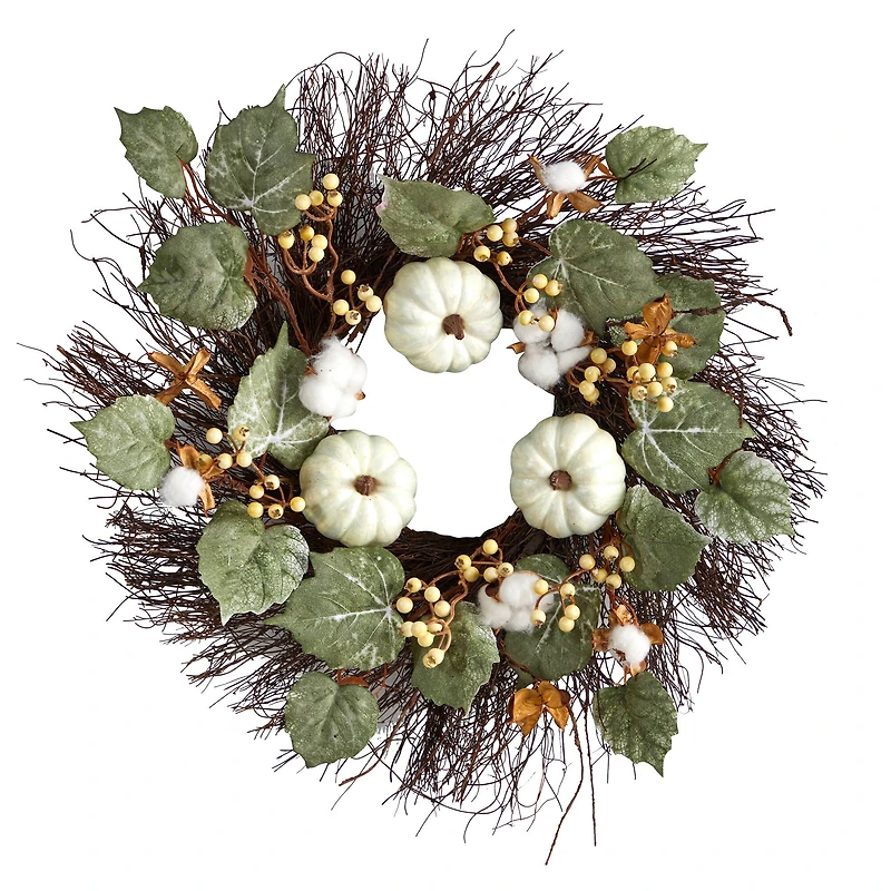 22" Autumn Green Pumpkin, Cotton & Berries Fall Wreath