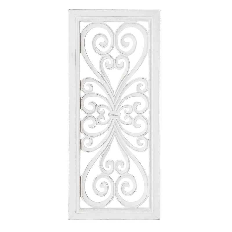American Art Décor™ 36" Distressed Hand-Carved White Wood Wall Accent Medallion Panel