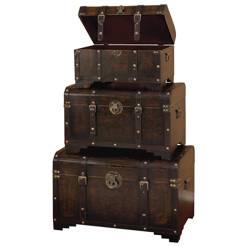 Set of 3" Brown Wood Traditional Trunk, 28", 24", 20"