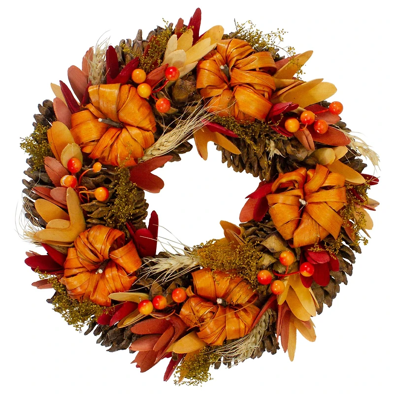 11" Brown & Orange Pinecone & Pumpkin Fall Wreath