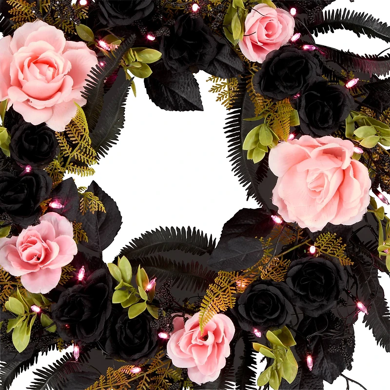24" Cute & Creepy Black & Pink Flower Halloween Pre-Lit LED Wreath