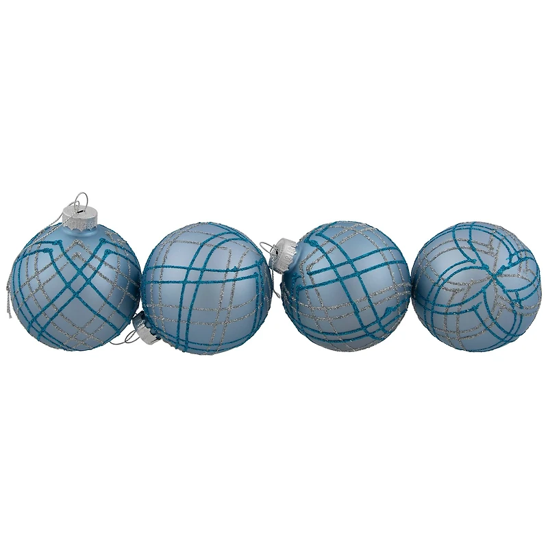 4ct. 2.75" Blue & Silver Plaid Glitter Glass Christmas Ornament Ball Set