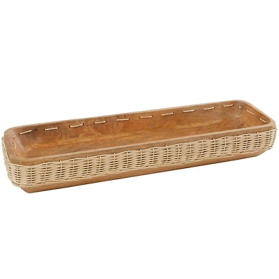 24.5" Brown Handmade Wooden Tray with Woven Seagrass Accent