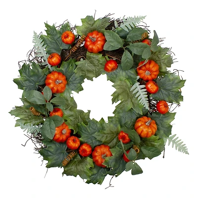 24'' Maple & Fern Leaves w/ Orange Pumpkins Artificial Wreath