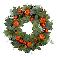 24'' Maple & Fern Leaves w/ Orange Pumpkins Artificial Wreath