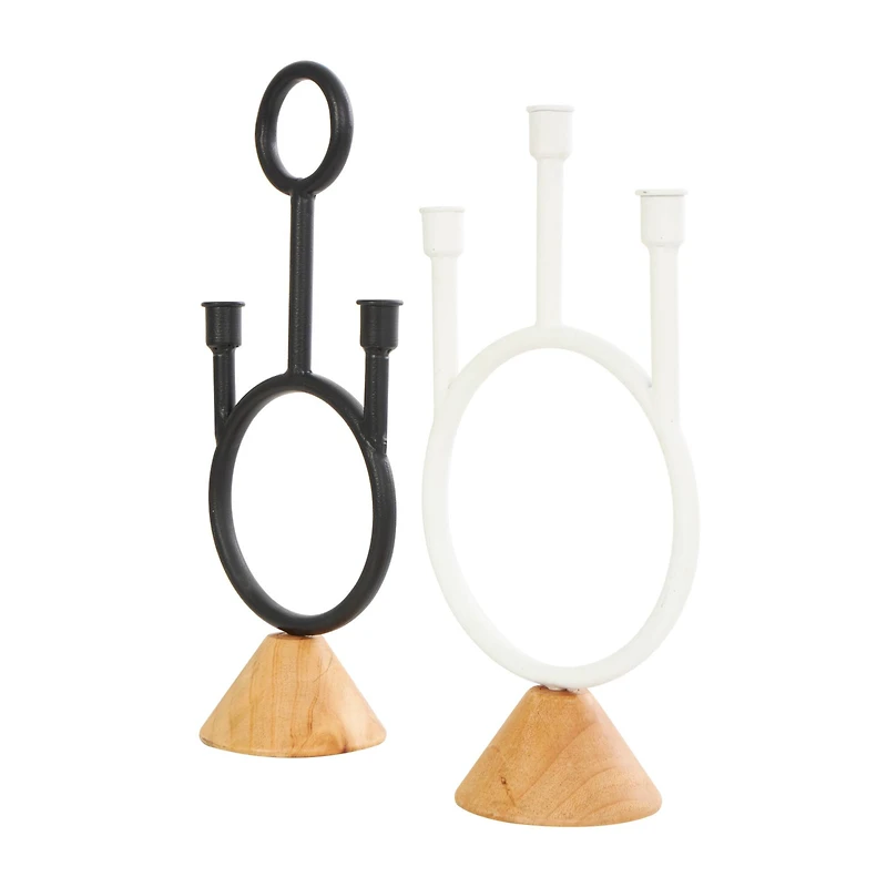 Black & White Metal Abstract Circular Ring Candle Holder with Wooden Cone Bases Set