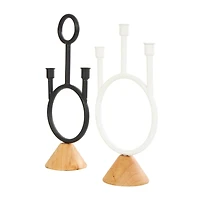 Black & White Metal Abstract Circular Ring Candle Holder with Wooden Cone Bases Set