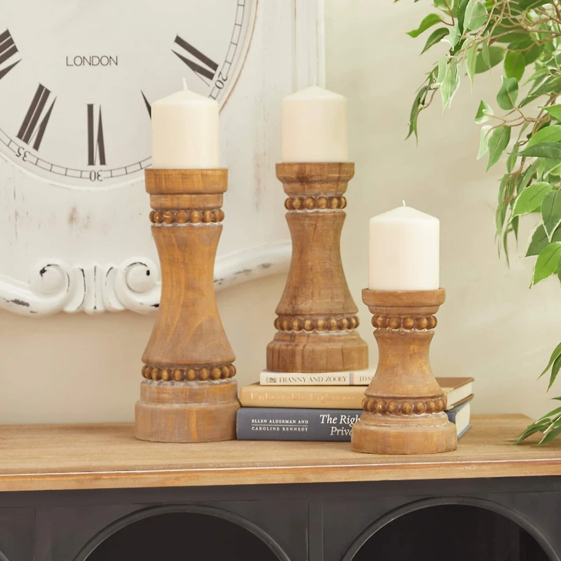Brown Wood Natural Candle Holder Set