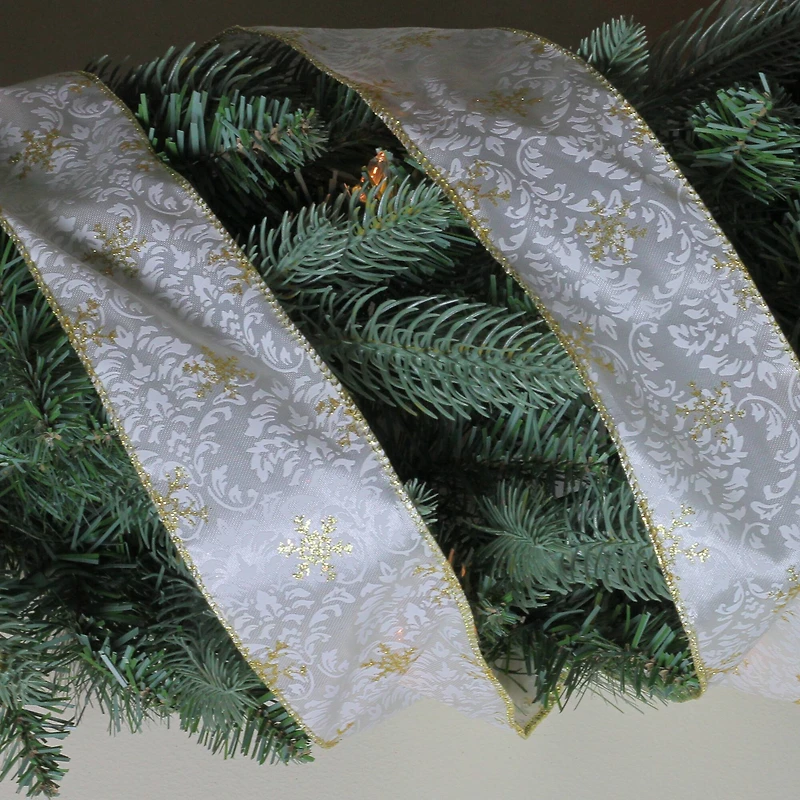 2.5" x 10yd. Wired Damask with Sparkling Snowflakes Christmas Ribbon
