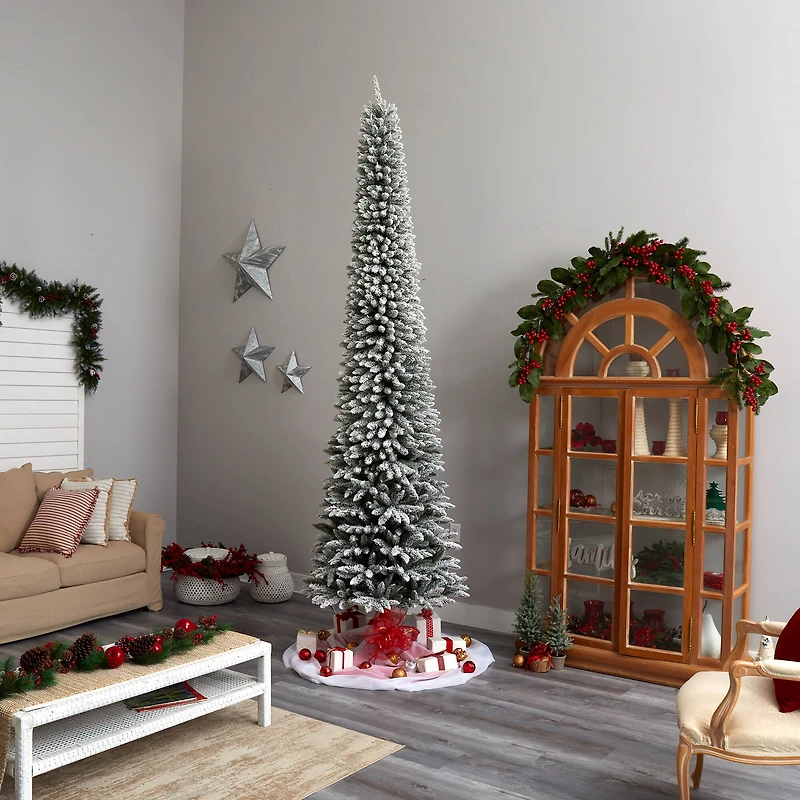 11ft. Pre-Lit Flocked Artificial Pencil Christmas Tree, Clear Lights