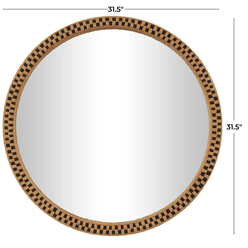 Woven Checkered Rattan Framed Round Wall Mirror