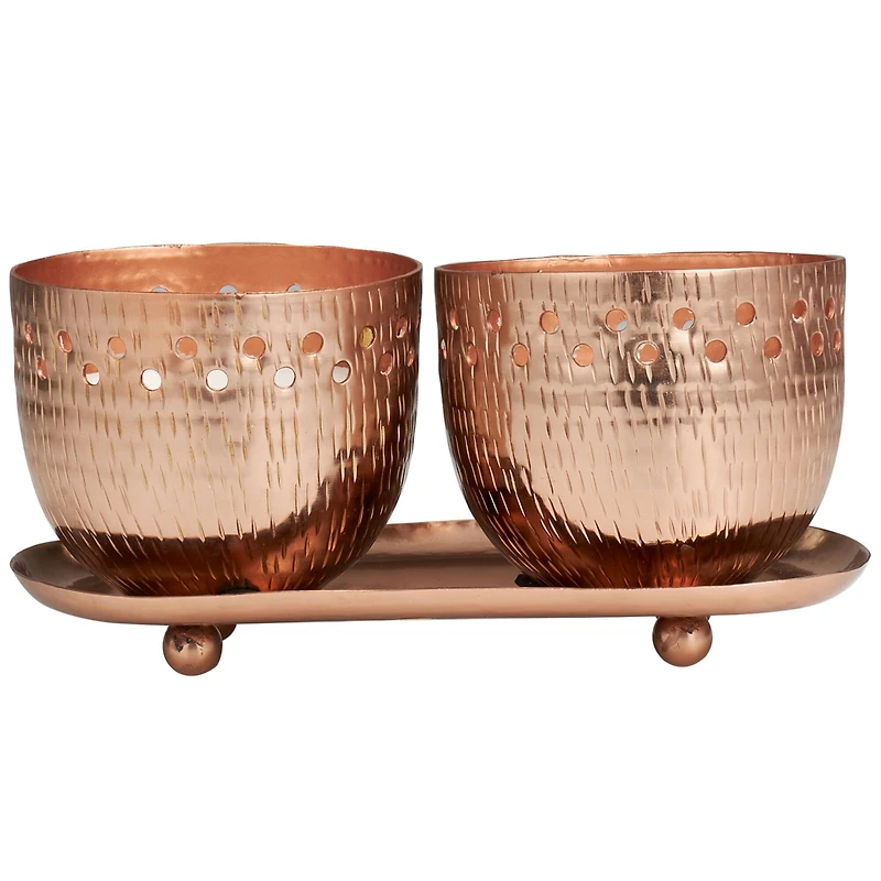 White Wax Sauvignon Blanc Scented Candle Set with Cutout Spotted Copper Container and Oval Holding Tray