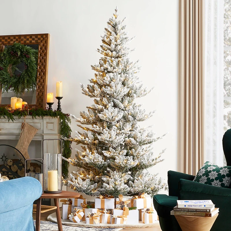 Glitzhome® 7.5ft Pre-Lit Flocked Upward Slim Fir Artificial Christmas Tree, Warm White LED Lights