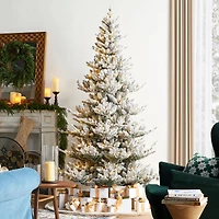 Glitzhome® 7.5ft Pre-Lit Flocked Upward Slim Fir Artificial Christmas Tree, Warm White LED Lights