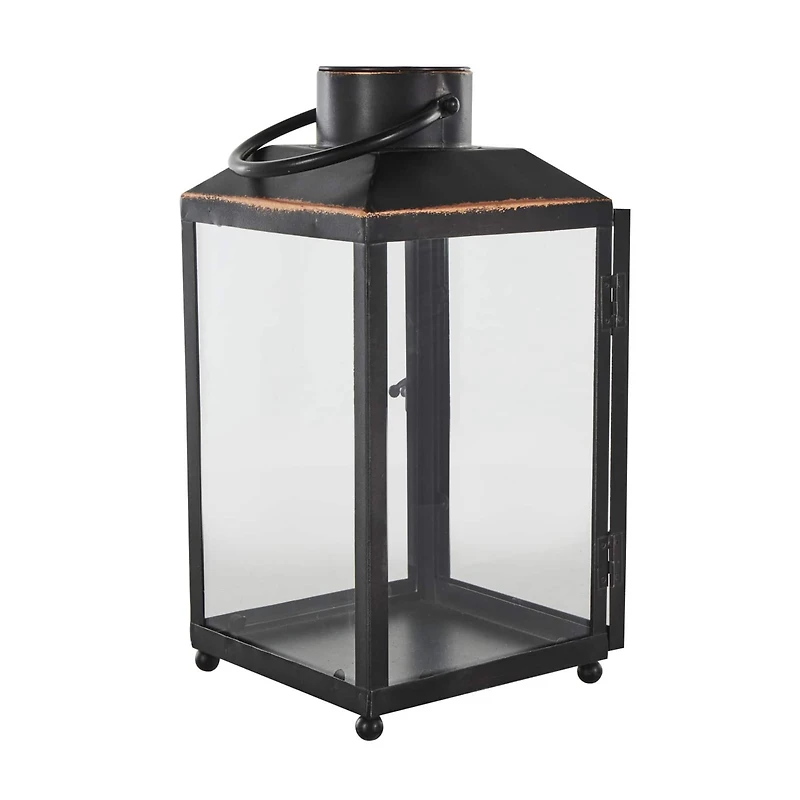 14" Black Metal Modern Candle Lantern with Gold Accents