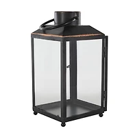 14" Black Metal Modern Candle Lantern with Gold Accents