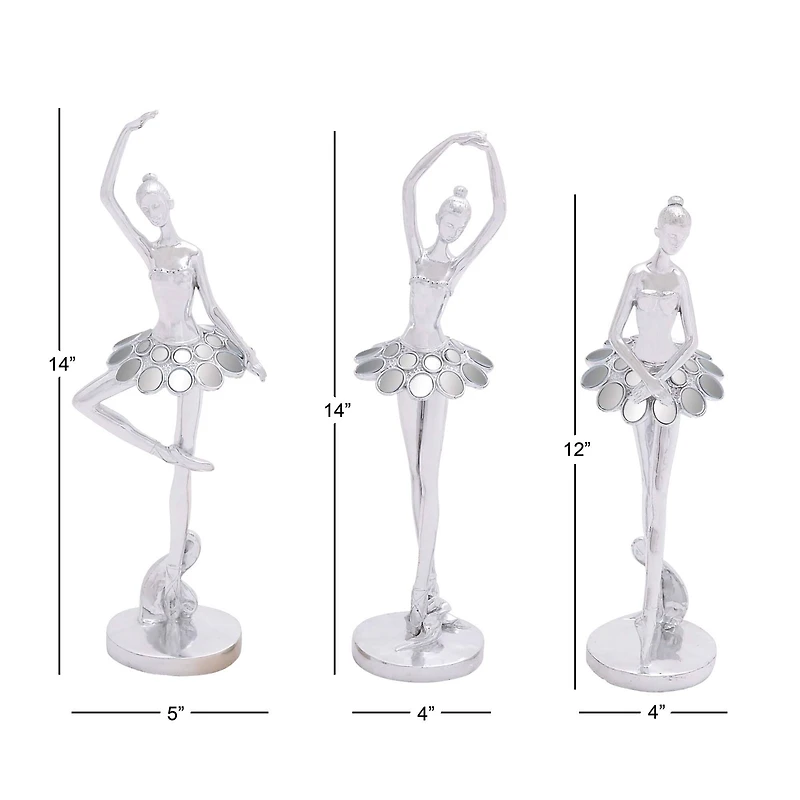 Set of 3 Silver Polystone Modern Dancer Sculpture, 14", 14", 12"