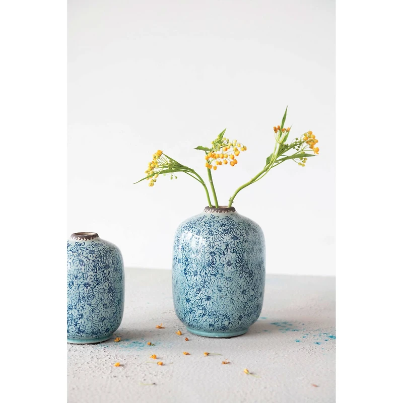 Hello Honey® 7" Distressed Blue Terracotta Vase with Floral Pattern