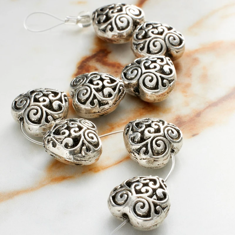 12 Pack:  Silver Plated Filigree Heart Beads, 13mm by Bead Landing™
