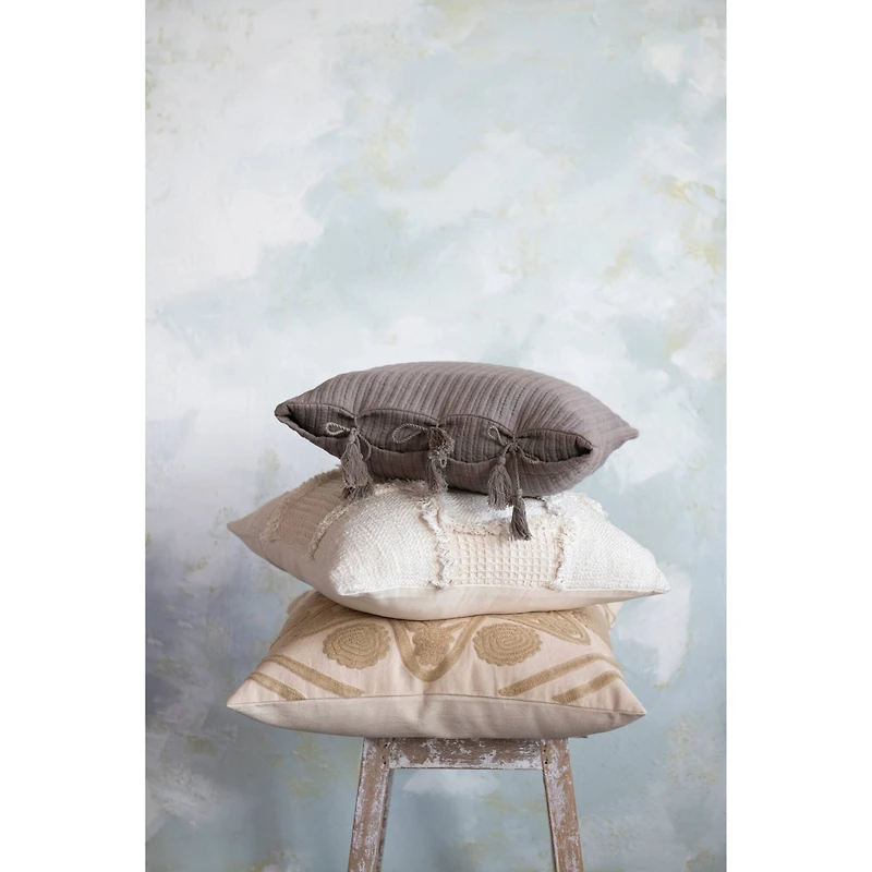 Hello Honey® Woven Cotton & Wool Patchwork Pillow with Frayed Edges