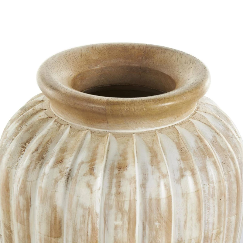 11" Light Brown Mango Wood Distressed Vase with Carved Ridges