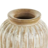11" Light Brown Mango Wood Distressed Vase with Carved Ridges