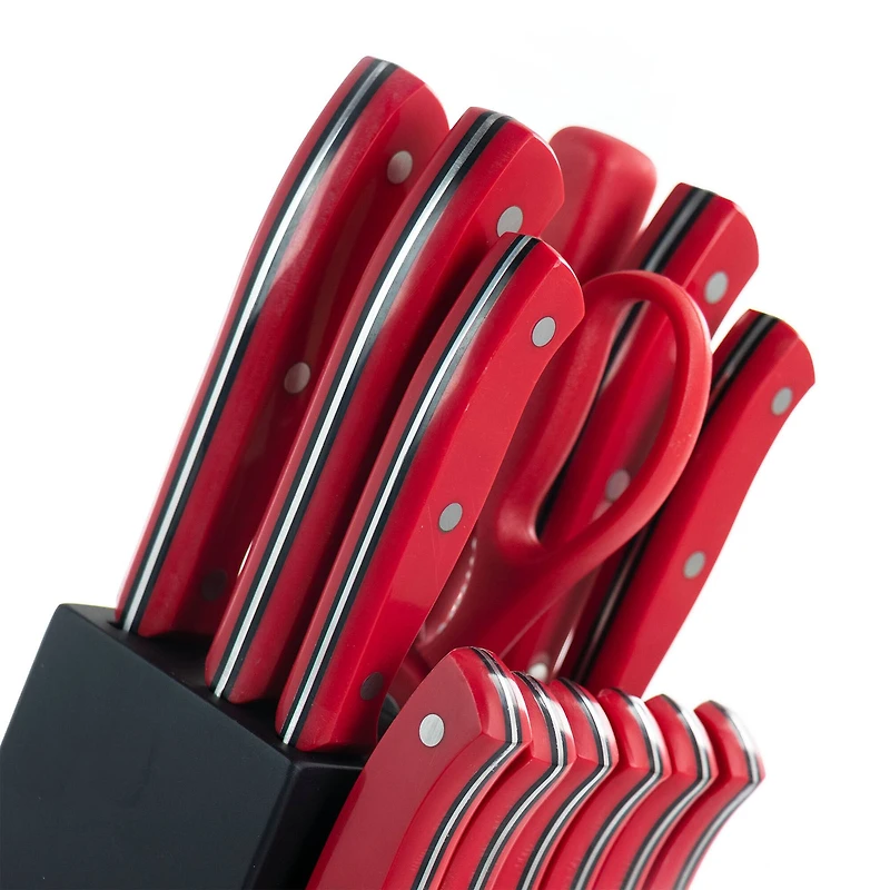Oster Steffen 14-Piece Red Stainless Steel Cutlery Set with Hardwood Storage Block