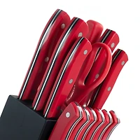 Oster Steffen 14-Piece Red Stainless Steel Cutlery Set with Hardwood Storage Block