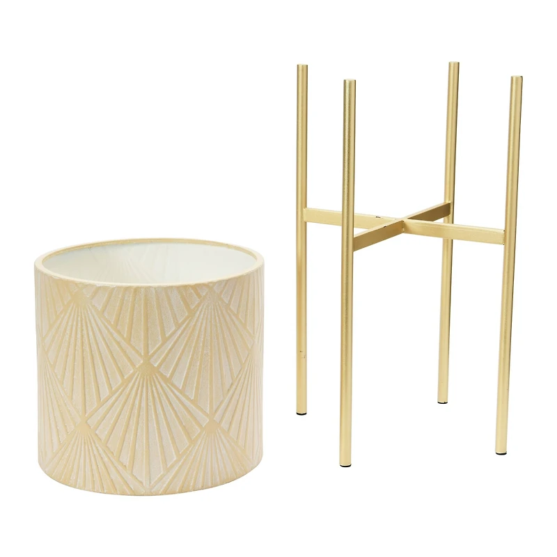 Hello Honey® Cream & Gold Boho Embossed Metal Planters with Stands Set