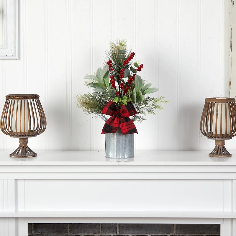 20" Holiday Winter Greenery, Pinecone & Berries with Bow Arrangement