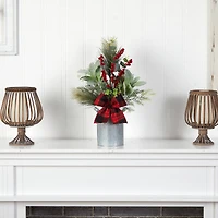 20" Holiday Winter Greenery, Pinecone & Berries with Bow Arrangement