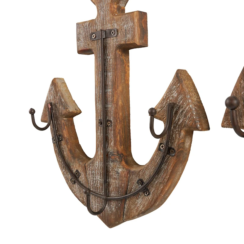 Whitewashed Brown Wood Anchor Wall Hook Set with 4 Bronze Hangers and Hanging Rope