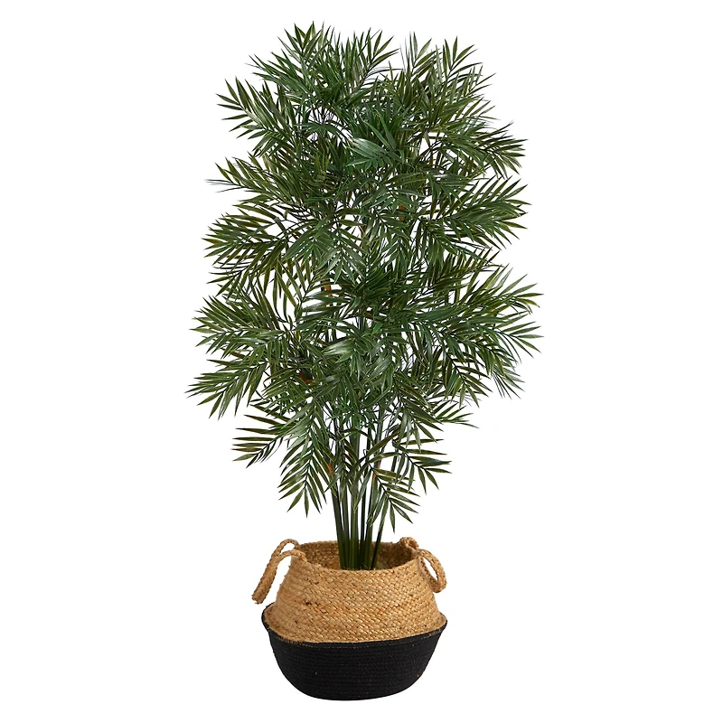 4ft. Parlor Palm Artificial Tree in Boho Chic Handmade Cotton & Jute Black Woven Planter
