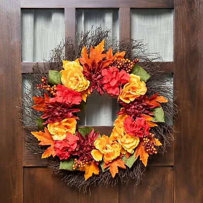 24" Autumn Harvest Peony, Mum & Feather Thanksgiving Wreath, Unlit