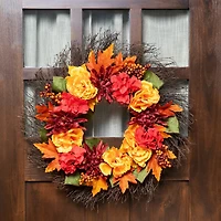 24" Autumn Harvest Peony, Mum & Feather Thanksgiving Wreath, Unlit