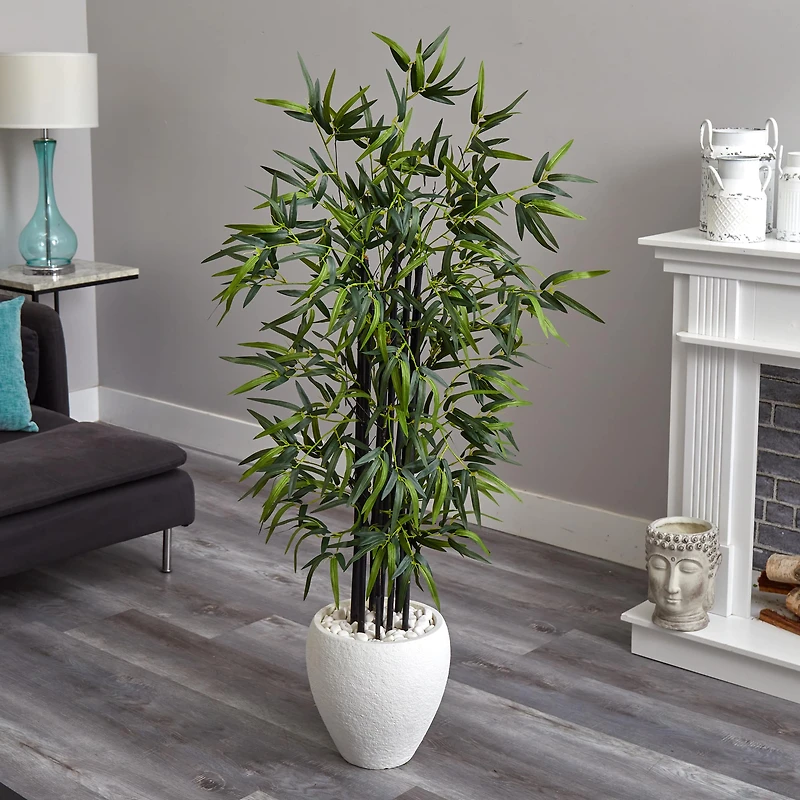 5ft. Black Bamboo Tree in White Oval Planter