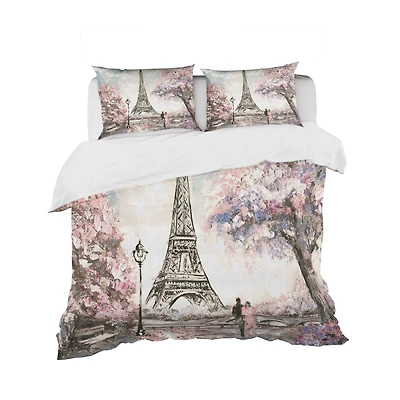 Designart 'Eiffel with Pink Flowers' Global Inspired Bedding Set - Duvet Cover & Shams
