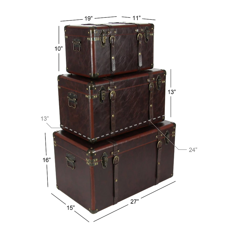 Set of 3" Brown Leather Traditional Trunk, 19", 24", 27"