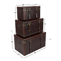 Set of 3" Brown Leather Traditional Trunk, 19", 24", 27"
