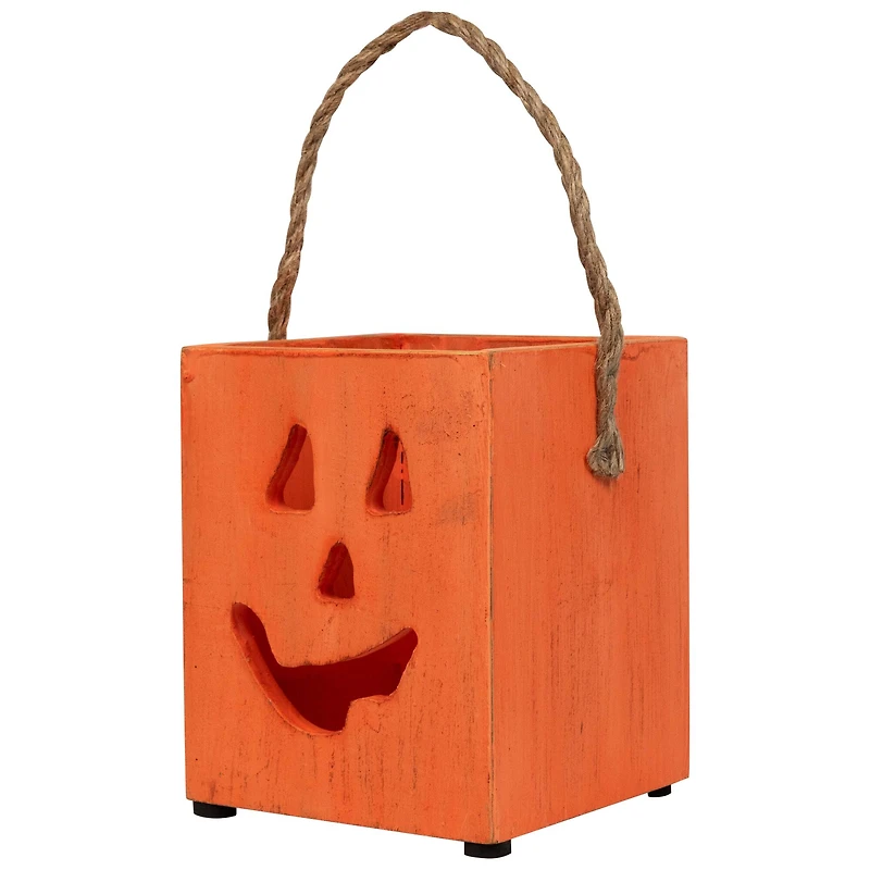 6" Orange Wood Jack-O-Lantern Halloween Candle Lantern