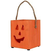 6" Orange Wood Jack-O-Lantern Halloween Candle Lantern