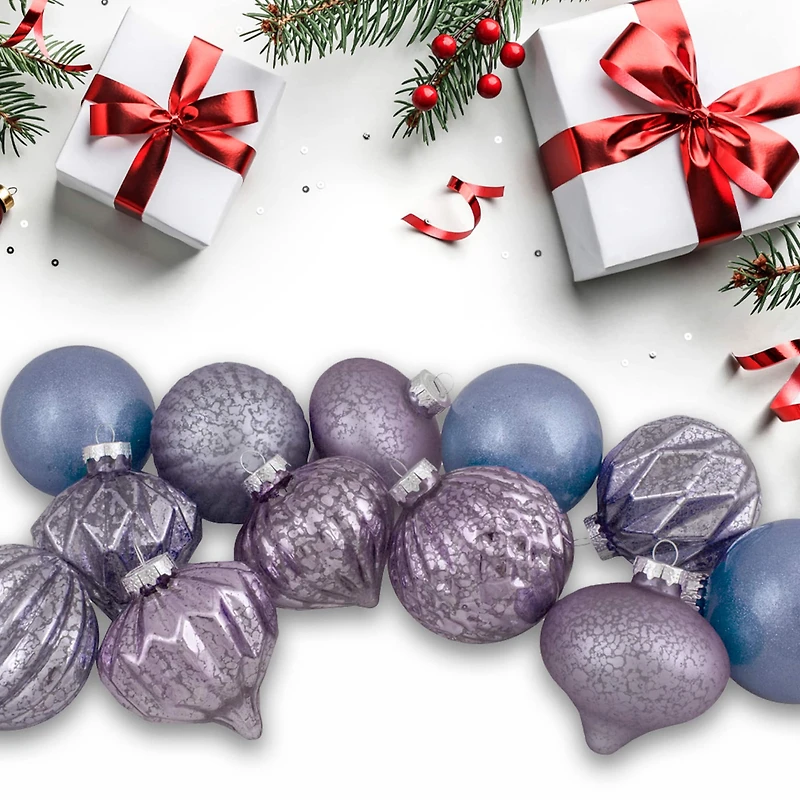 12ct. 3" Glitter & Matte Purple Tone Finial & Glass Ball Christmas Ornaments
