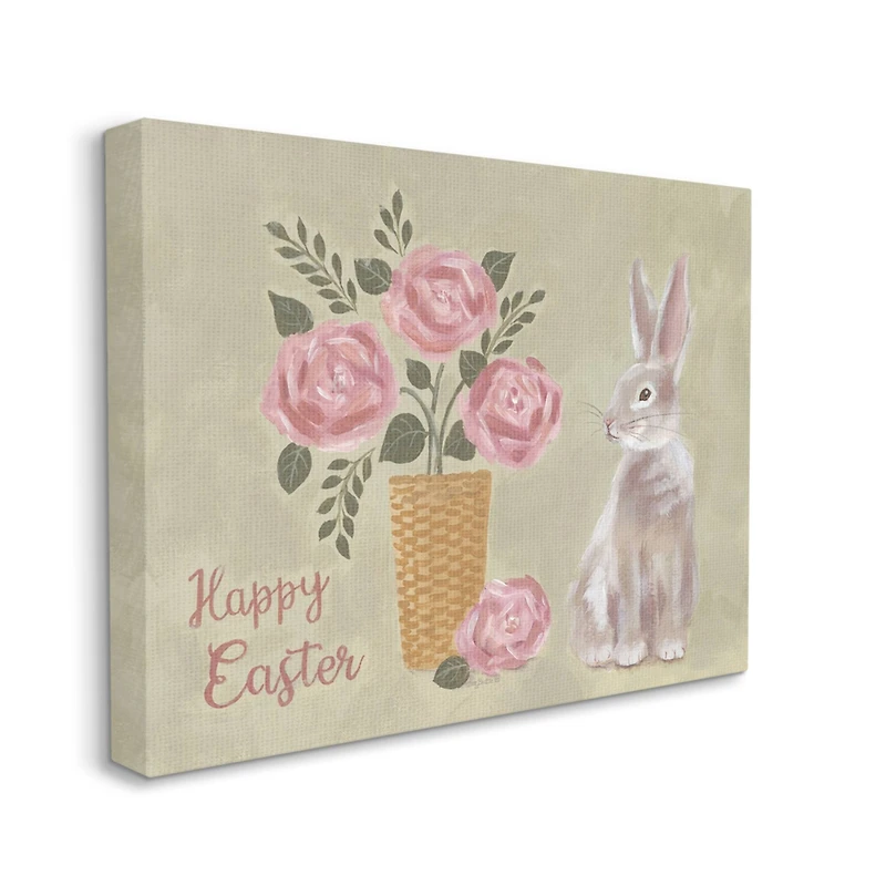 Stupell Industries Happy Easter Bunny Rose Bouquet Canvas Wall Art