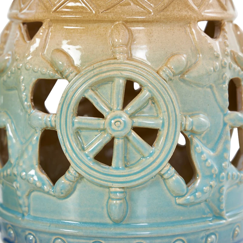Blue Ceramic Ombre Nautical Cutout Candle Lantern Set