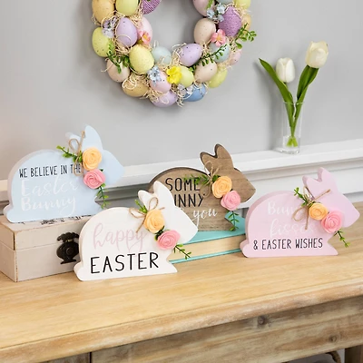 8" Floral Bunny Wooden Tabletop Easter Signs, 4ct.