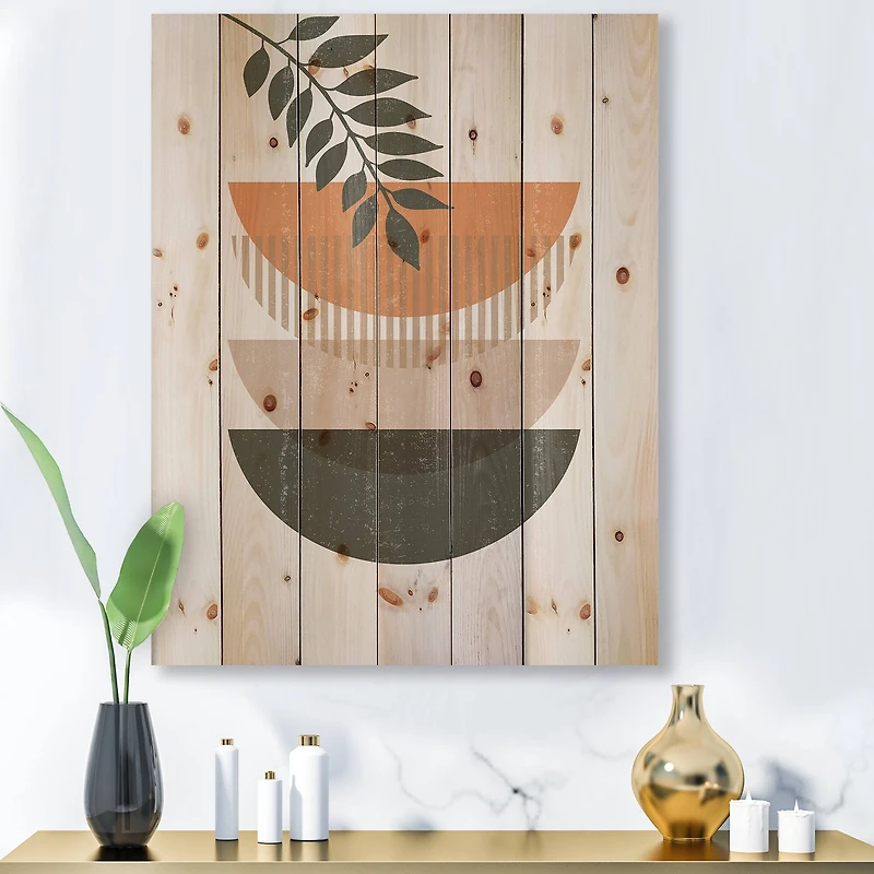 Designart - Abstract Geometrical Sun and Moon With Leaf II - Modern Print on Natural Pine Wood
