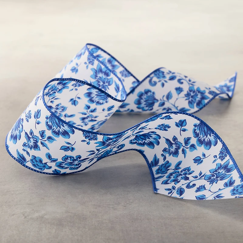 2.5" x 3yd. Blue Chinoiserie Floral Wired Edge Ribbon by Celebrate It™